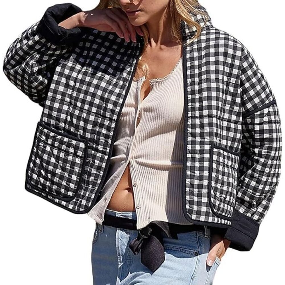 Women’s Black Cropped Puffer Jacket Floral Printed Quilted Lightweight Coat